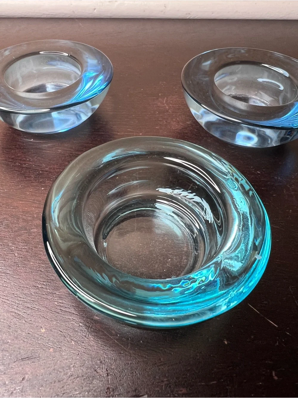 Vintage 1990s IKEA Chunky Blue Glass Candle Holders Trio